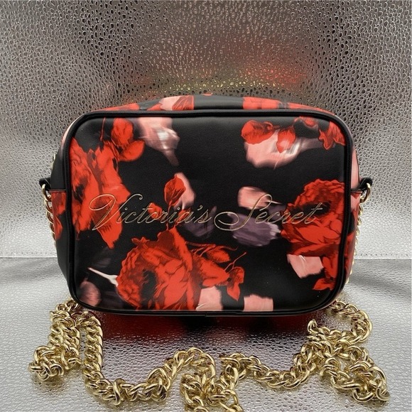 Victoria's Secret Handbags - Victoria's Secret Black Red Floral Crossbody Bag Gold Chain Strap Zip Closure